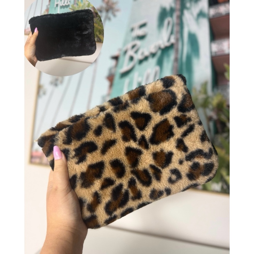 BujiBaja Leopard Cheetah Animal Print Faux Fur Double-Sided Black Clutch Bag